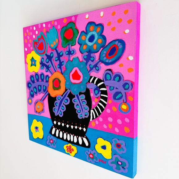 Original Painting Colorful Collectible Flowers 12" x 12" Wood One-of-a-Kind - Picture 3 of 8